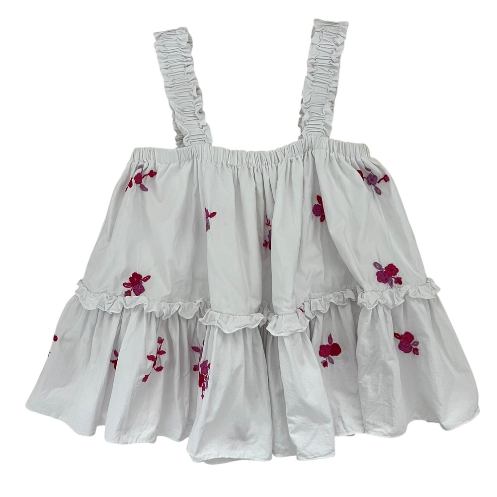 Mi Golondrina White Ruffle Tiered Pink Floral Embroidered Flowy Tank Top SZ L